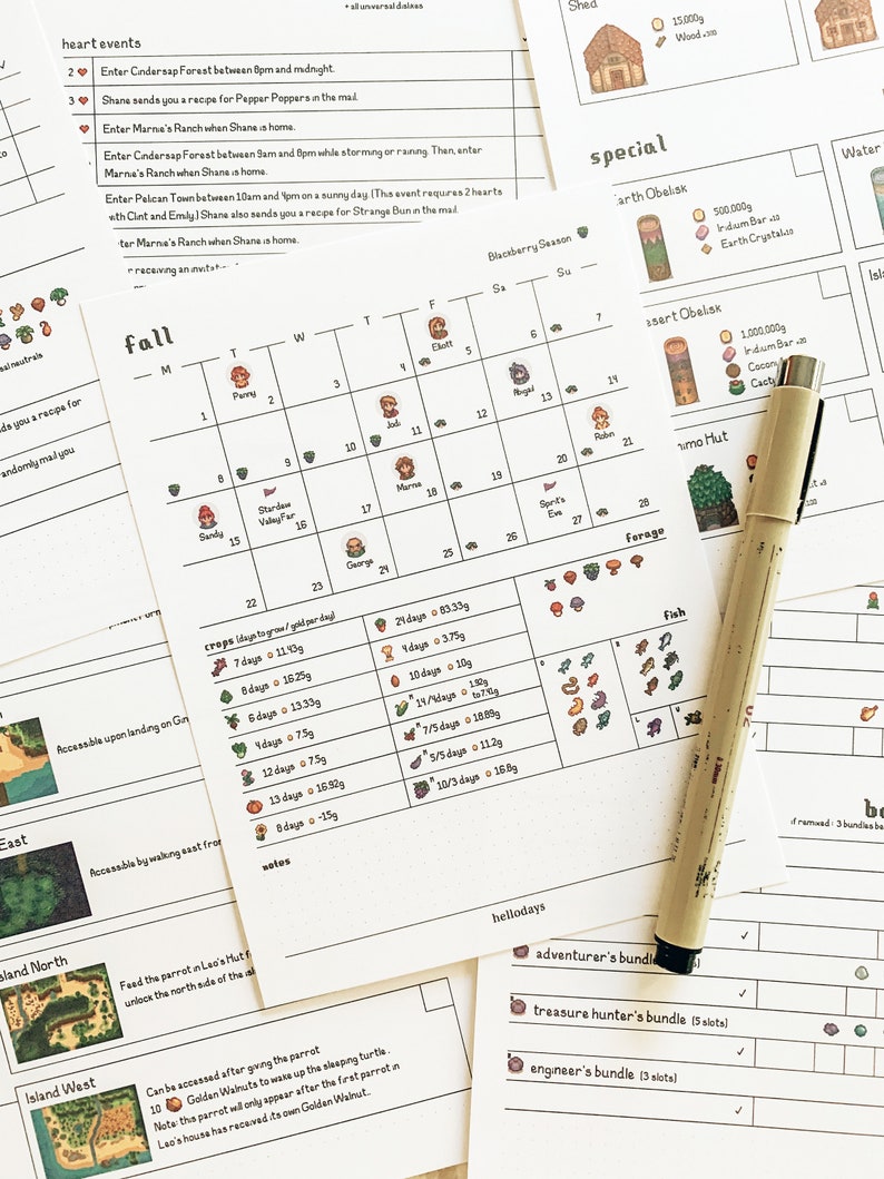May include: A close-up of a printed calendar for the video game Stardew Valley. The calendar shows the months of fall, with the days of the week labeled. The calendar also includes a list of crops and their growth times, as well as a list of special events that occur during the fall season.