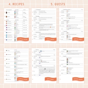 May include: A printable checklist for a video game with sections for crafting recipes, story quests, special orders, and raccoon quests. The checklist includes a list of ingredients, requirements, and rewards for each task.