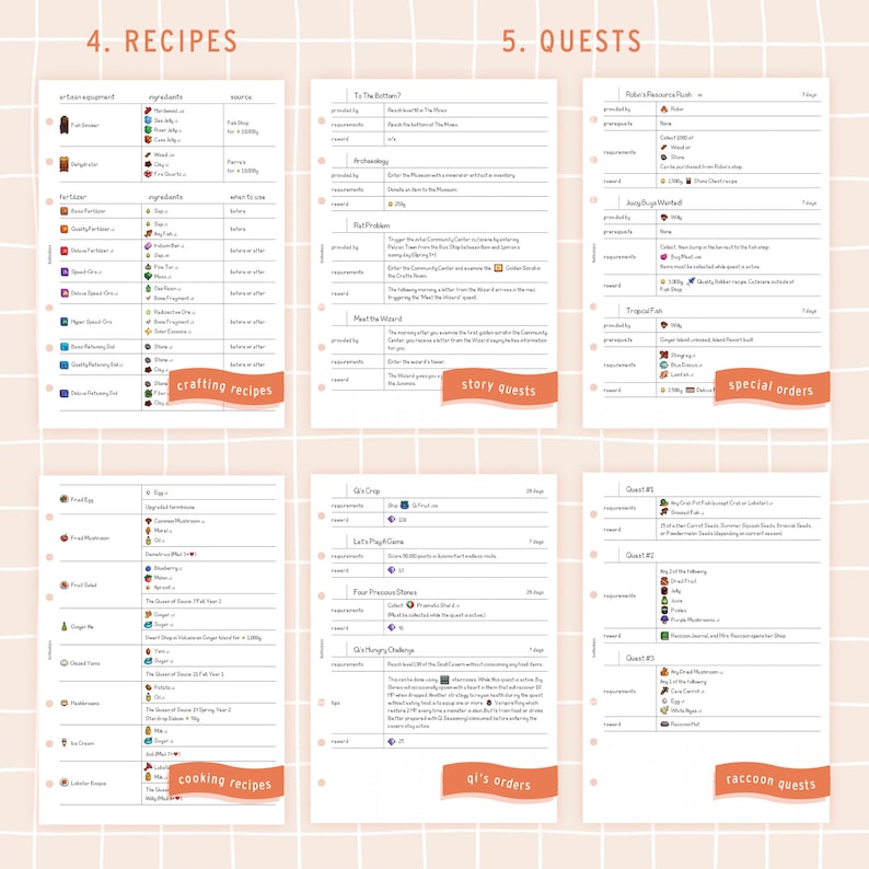 May include: A printable checklist for a video game with sections for crafting recipes, story quests, special orders, and raccoon quests. The checklist includes a list of ingredients, requirements, and rewards for each task.
