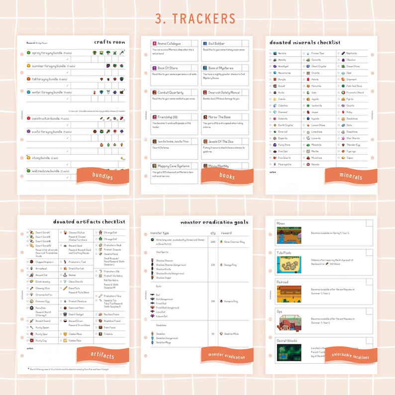 May include: A printable tracker sheet for the video game Stardew Valley. The sheet includes checklists for donated minerals, artifacts, and monster eradication goals. It also includes a list of unlockable locations and a section for tracking crafting recipes.