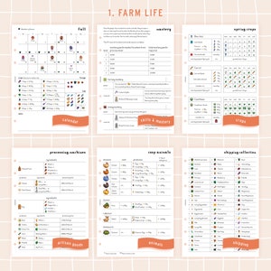 May include: A printable guide to farming in the video game Stardew Valley. The guide includes information on crops, animals, processing machines, and shipping collections. The guide is organized into sections for each season, with a calendar for each season. The guide also includes information on mastery levels and skills.