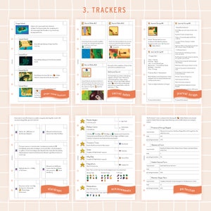 May include: A printable tracker sheet for the video game Stardew Valley. The sheet includes sections for tracking secret notes, journal scraps, stardrops, achievements, and perfection. The sheet is designed with a pink and white background and features illustrations from the game.