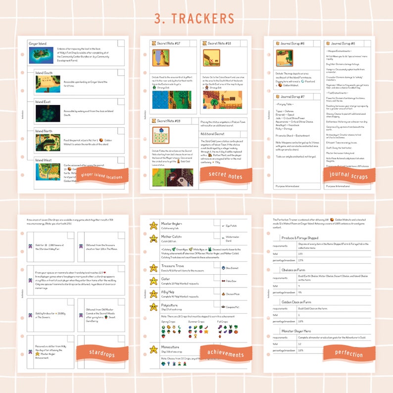 May include: A printable tracker sheet for the video game Stardew Valley. The sheet includes sections for tracking secret notes, journal scraps, stardrops, achievements, and perfection. The sheet is designed with a pink and white background and features illustrations from the game.