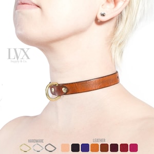 Puede incluir: Un collar de cuero marrón con un anillo en D de latón y un cierre de presión de latón. El collar se muestra en el cuello de una persona. La imagen también incluye una tabla de colores para las opciones de cuero y herrajes.
