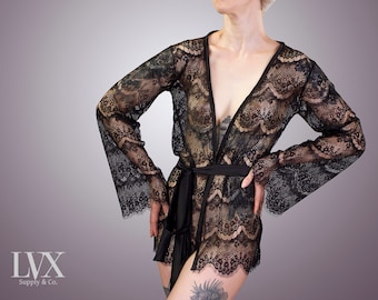 Sheer Lace Robe Long Sleeve Floral Kimono See Through Mesh Coverup Sexy Bridal Wedding Anniversary | Handmade Lingerie by LVX Supply