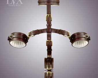 Arnês e coleira de couro | Arnês de couro acolchoado para bondage | BDSM Algemas Colarinho Restrições de Braço de Pulso Submisso DDlg Escravo | Fornecimento LVX