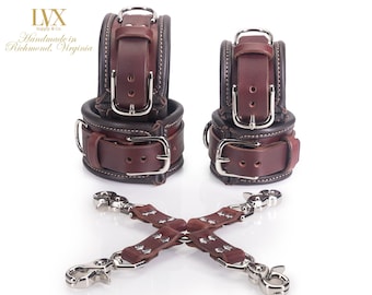 Heavy Duty BDSM Hog Tie Set of Cuffs | Padded Leather Bondage BDsM Cuffs with Clips for Submissive | Custom Leather Restraints by LVX Supply