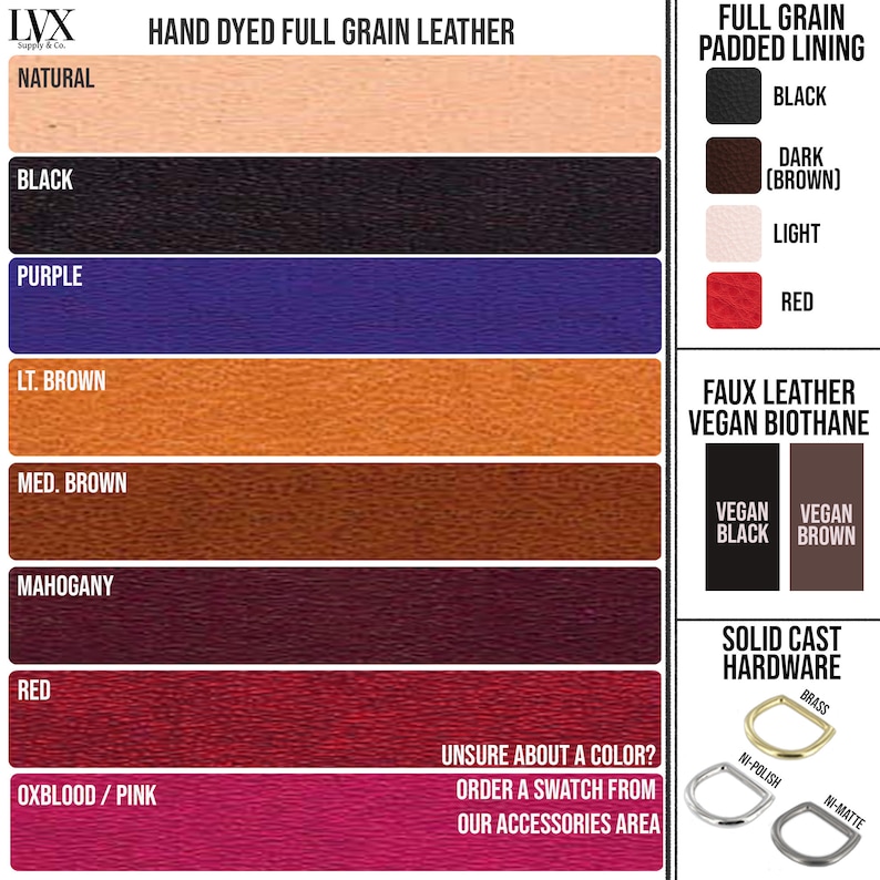 May include: Color chart showing different leather and vegan leather options for a product. The leather options include natural, black, purple, light brown, medium brown, mahogany, red, and oxblood/pink. The vegan leather options include black and brown. The chart also shows different hardware options, including brass, nickel-polish, and nickel-matte.