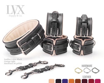 BDSM Collar & Cuffs Set | Padded Leather Bondage BDsM Cuffs + Collar for Submissive Slave Restraints | Professional Bondage Set | LVX Supply