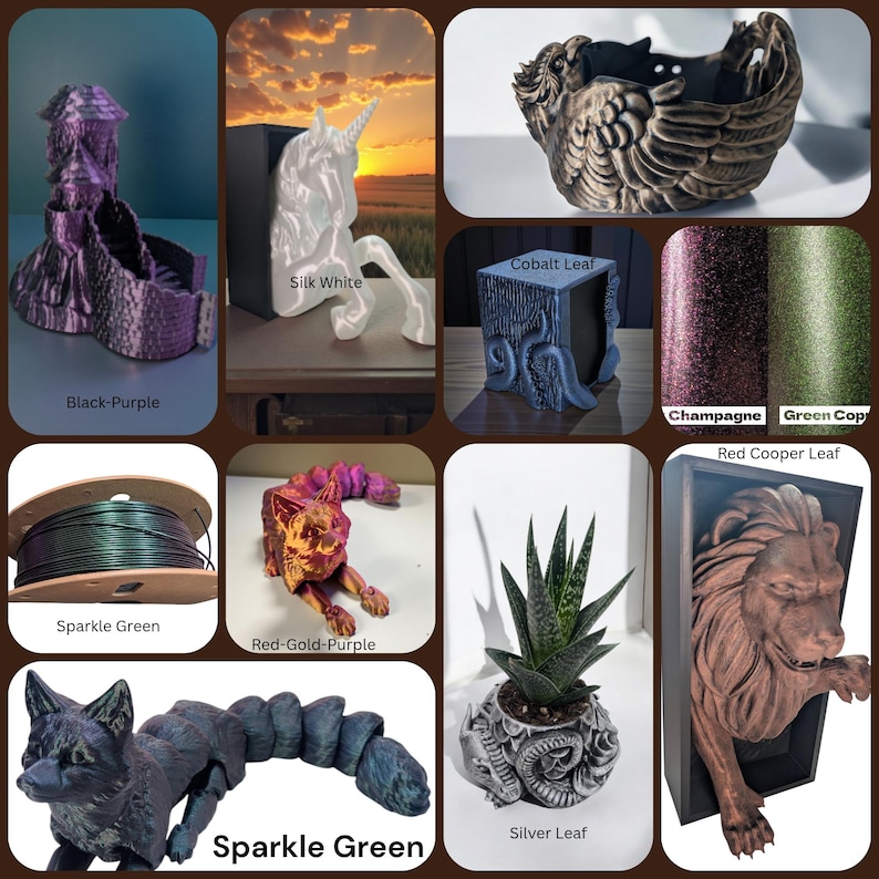 Pode incluir: Uma colagem de itens impressos em 3D em v&aacute;rias cores. Apresenta um castelo preto e roxo, um unic&oacute;rnio branco, um vaso em forma de coruja bronze, um suporte de livros azul e uma escultura de le&atilde;o. Outros itens incluem rolos de glitter e uma escultura de raposa.