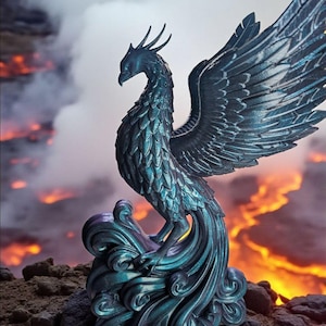 May include: A teal phoenix sculpture with open wings, positioned on a rocky base. The statue features intricate feather detailing and is set against a backdrop of a fiery, lava-like landscape and a cloudy sky.