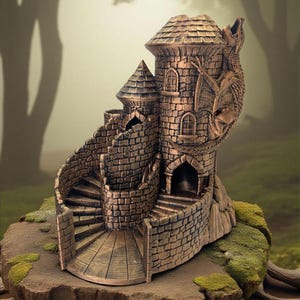 May include: A bronze-effect fantasy castle sculpture with a spiral staircase and dragon features. The castle is set on a stone base with visible roots, against a blurred forest backdrop. The sculpture has arched windows and a detailed roof.