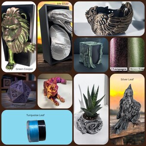 Pode incluir: Uma colagem de v&aacute;rios itens decorativos. Inclui uma escultura de le&atilde;o verde e dourado, uma cobra e um ovo prateados, um recipiente em forma de p&aacute;ssaro cor de bronze, uma floreira com tema de folha verde, amostras de glitter, um dado roxo, uma escultura de raposa multicolorida, um item turquesa e preto, uma planta em um vaso com tema de drag&atilde;o e uma escultura de corvo prateado.