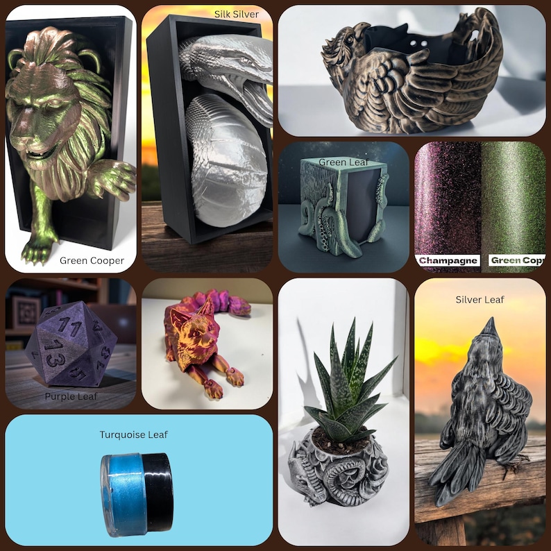 Pode incluir: Uma colagem de v&aacute;rios itens decorativos. Inclui uma escultura de le&atilde;o verde e dourado, uma cobra e um ovo prateados, um recipiente em forma de p&aacute;ssaro cor de bronze, uma floreira com tema de folha verde, amostras de glitter, um dado roxo, uma escultura de raposa multicolorida, um item turquesa e preto, uma planta em um vaso com tema de drag&atilde;o e uma escultura de corvo prateado.