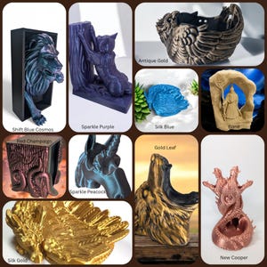 Pode incluir: Uma cole&ccedil;&atilde;o de esculturas decorativas em v&aacute;rios estilos e cores. Inclui um le&atilde;o emergindo de uma moldura, um gato escalando uma &aacute;rvore, um vaso em forma de p&aacute;ssaro, um drag&atilde;o e uma figura de mago. As cores incluem ouro, azul, roxo e cobre.