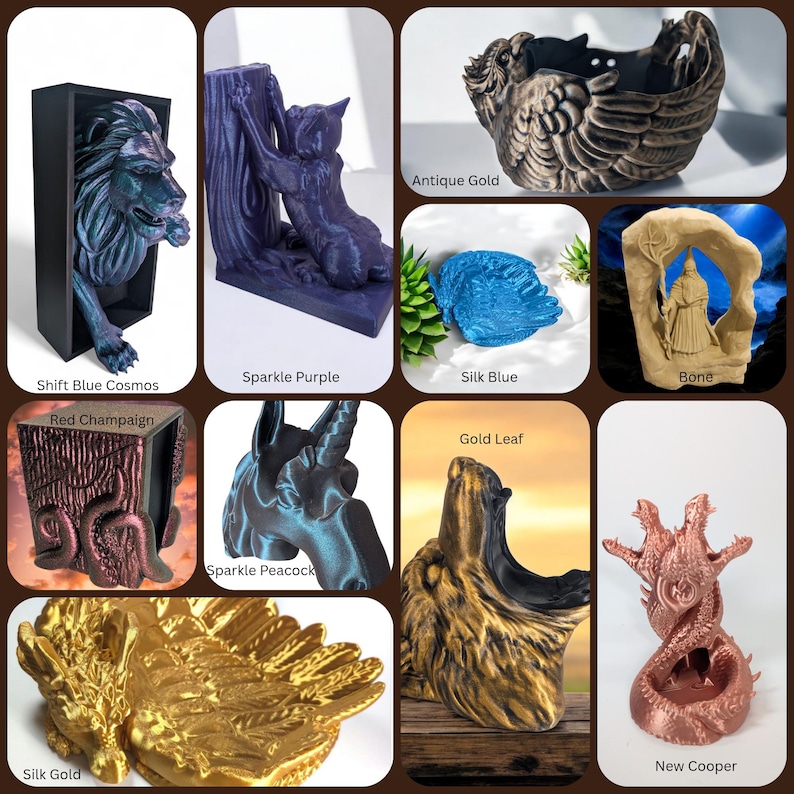 Pode incluir: Uma cole&ccedil;&atilde;o de esculturas decorativas em v&aacute;rios estilos e cores. Inclui um le&atilde;o emergindo de uma moldura, um gato escalando uma &aacute;rvore, um vaso em forma de p&aacute;ssaro, um drag&atilde;o e uma figura de mago. As cores incluem ouro, azul, roxo e cobre.