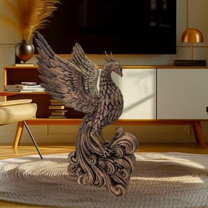 May include: A bronze-colored phoenix sculpture with outstretched wings, perched atop a stylized wave base. The detailed statue features textured feathers and a regal pose, suitable for home decor.