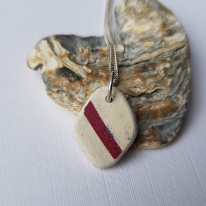 Sea pottery necklace ~ white sea pottery diamond ~ burgundy stripe ~ 16&quot;/18&quot; sterling silver curb chain ~ handmade ~ jewellery ~ jewelry
