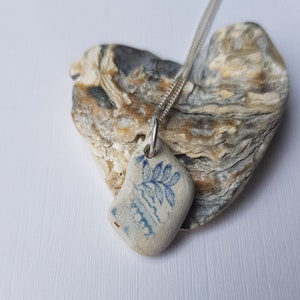 Sea pottery necklace ~ blue & white sea pottery ~ leaf design ~ 16"/18" sterling silver curb chain ~ handmade ~ jewellery ~ jewelry ~ gift