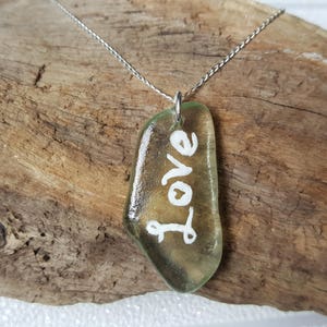 White sea glass necklace ~ &#39;Love&#39; painted on it ~ varnished ~ 16&quot;/18&quot; sterling silver curb chain ~ handmade ~ gift ~ jewellery ~ jewelry