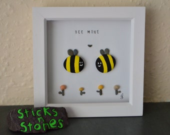 Pebble Art Picture ~ 'Bee Mine' ~ painted Bumble Bees ~ personalised ~ 7x7 box frame ~ handmade ~ Valentine ~ Gift for partner ~ Anniversary