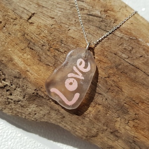 Sea glass necklace ~ painted 'Love' in blush pink ~ varnished ~ white sea glass ~ 16"/18" sterling silver curb chain ~ gift ~ jewellery
