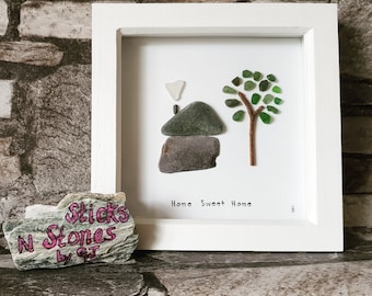 Pebble art picture 'Home Sweet Home' ~ Framed ~ green sea glass - white sea glass heart - Ideal for housewarming ~ Birthday ~ gift