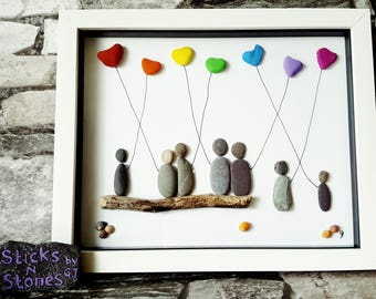 Pebble Art Picture &#39;Rainbow Balloons&#39; - Rainbow painted heart pebbles - mini shell flowers - Ideal for Birthdays - for Family - Friends