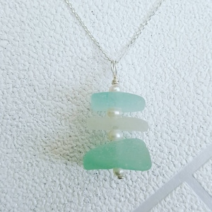 Sea glass 3 stack necklace ~ freshwater pearls ~ 16"/18" sterling silver curb chain ~ handmade ~ gift ~ jewellery ~ jewelry ~ bespoke
