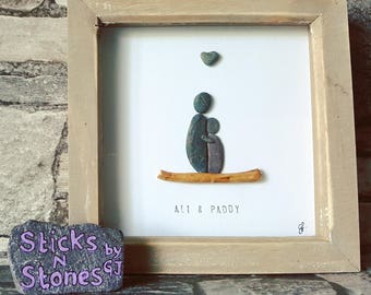 Pebble Art picture &#39;My Love&#39; - pebble people on driftwood & pebble heart - Valentine - Birthday - Anniversary - home decor