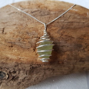 Sea glass necklace ~ pale green sea glass in sterling silver spiral cage ~ handmade ~ unique ~ birthday ~ anniversary ~ wedding ~ valentine