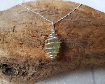 Sea glass necklace ~ pale green sea glass in sterling silver spiral cage ~ handmade ~ unique ~ birthday ~ anniversary ~ wedding ~ valentine