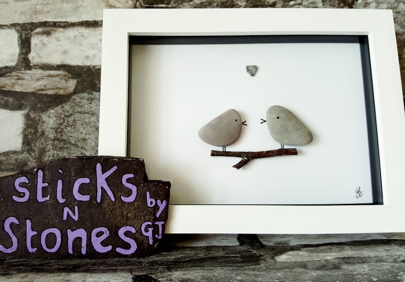 Pebble Art Picture 'Love Birds' Ideal for Valentine Gift for Partner Family Member Birthday Anniversary image 1