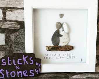 Pebble Art Picture ~ Framed 7×7 ~ 'Wedding' Bride & Groom ~ Can be Personalised ~ Ideal for Weddings ~ Engagements ~ Anniversary gifts