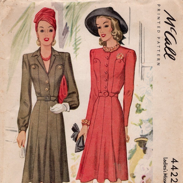 Vintage 1940s WWII Era McCall 4422 Sewing Pattern, Dress, Bust 32"