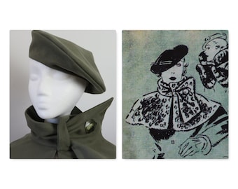 PRICE DISCOUNT! 1930s Style Capelet and Beret Set, Sage Green Wool with Gray Floral Lining