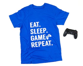 Eat Sleep Game Repeat Mens 100% Organic Shirt, Dads Soft Cotton Gaming Shirt, Fathers Day Gift (18 Shirt Colours) (Mens & Ladies Fit)