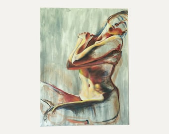 May include: A painting of a nude figure in a seated pose with arms crossed over their chest. The figure is painted in shades of red, yellow, and blue against a light blue background.