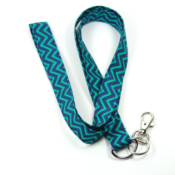 TEAL CHEVRON Fabric Lanyard, Chevron Fabric Badge Holder, Teal Fabric Lanyard