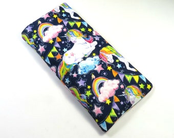 Bolsos de tela UNICORN, estuche de gafas de sol, estuche de gafas, bolsos de botón Snap, unicornio con bolsa de diseño arco iris, bolsos Rainbow fabri