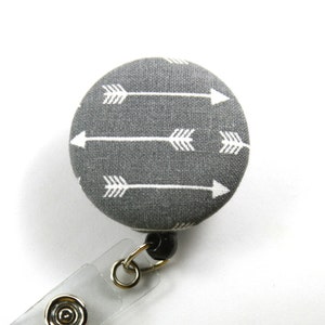 ARROW Fabric Badge Reel, Gray arrow button badge, Arrow badge Holder, Gray lanyard, Arrow Button Reel