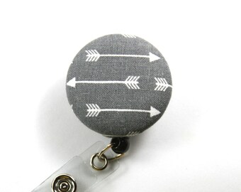 ARROW Fabric Badge Reel, Gray arrow button badge, Arrow badge Holder, Gray lanyard, Arrow Button Reel