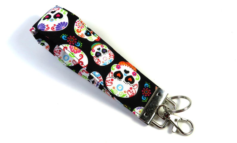 Fabric wristlet SUGARSKULL fabric keychain Skull badge holder skull keychain Sugarskull wristlet