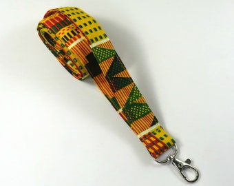 ETHNIQUE Lanyard, Porte-badge en tissu, Cordon de tissu, Cordon vert jaune, imprimé Kente, porte-badge de design géométrique, porte-badge vert