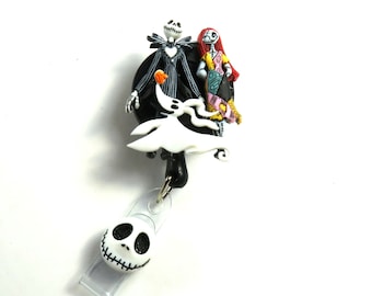 LOVE badge reel, Jack and Sally badge holder, Rhinestone badge reel, Sparkly badge reel, Retractable badge reel