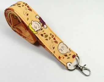 PEANUT fabric lanyard, fall leaves badge holder, friends design badge holder, orange lanyard, fabric lanyard