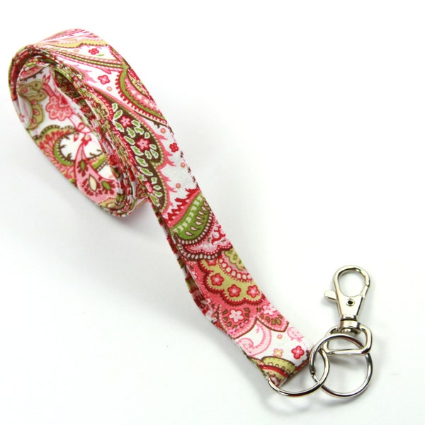 PINK Fabric Lanyard, Pink Badge Holder, Paisley Fabric Lanyard, Pink Fabric Badge Holder