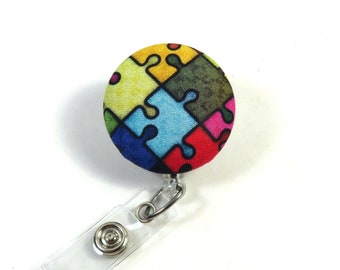 PUZZLE fabric button reel,retractable badge reel,stretchy badge reel,nurse badge reel, puzzle badge reel, autism badge reel, awareness badge