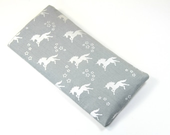 Bolsa de tela UNICORN, estuche de gafas de sol, bolsa de gafas, bolsa de botón de presión, bolsa de tela gris, estuche de unicornio de plata