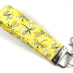 DRAGONFLY fabric keyfob, Dragonfly wristlet, Yellow dragonfly badge holder, Wristlet, fabric keyfob